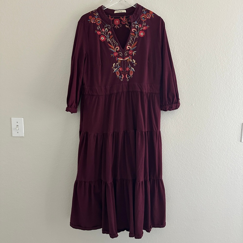 Wayward Fancies eShakti Dress Women 1X 18W Burgundy Embroidered Tiered Midi Boho